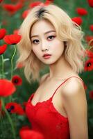 schön asiatisch Mädchen mit blond Haar im Blume Garten ai generativ foto