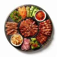 ein schließen oben von ein Teller von Essen mit Fleisch und Gemüse. generativ ai. foto