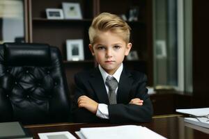 ein Kind im ein Geschäft Suite Sein herrisch im ein office.ai generativ foto