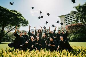 Eintritt Tag mit Universität Absolventen im Kleid und cap.ai generativ foto