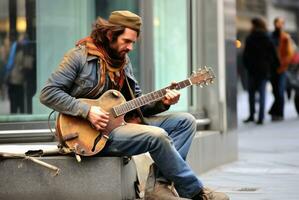 ein Straße Musiker spielen ein Lied auf das road.ai generativ foto