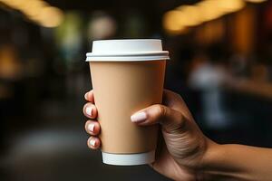 Hand halten ein Papier Kaffee Tasse. ai generiert foto