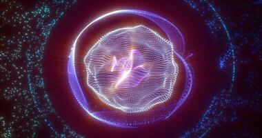 abstrakt lila Energie Kugel von Partikel und Wellen von magisch glühend auf ein dunkel Hintergrund foto
