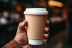 Hand halten ein Papier Kaffee Tasse. ai generiert foto