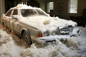 Auto bedeckt mit Schnee. Auto im Schaum auf Waschbecken, ai generiert foto