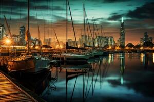 Yachten und Boote im das Yachthafen beim Nacht, Dubai, vereinigt arabisch Emirate, Buenos Lüfte, puerto madero beim Nacht, ai generiert foto