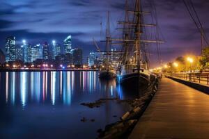 Nacht Aussicht von das direkt am Wasser von das Stadt von Astana, Kasachstan, Buenos Lüfte, puerto madero beim Nacht, ai generiert foto