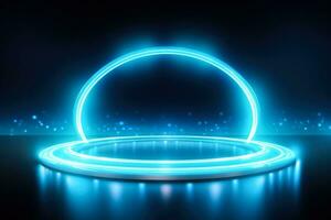 minimalistisch abstrakt verschwommen Licht Blau Hintergrund mit kreisförmig Neon- glühen foto