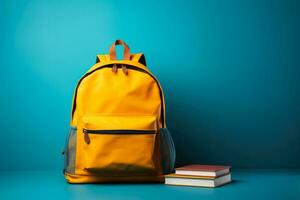 Schule liefert hervorstehend von ein Rucksack auf ein Blau Hintergrund illustrieren das zurück zu Schule Idee foto