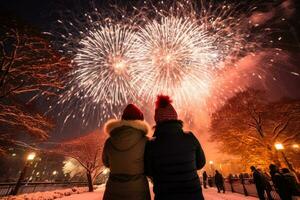 das Kinder Augen funkeln mit Wunder und Freude beim das schneebedeckt Parks Feuerwerk Anzeige foto