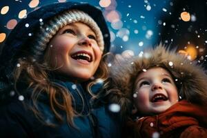 das Kinder Augen funkeln mit Wunder und Freude beim das schneebedeckt Parks Feuerwerk Anzeige foto