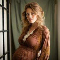 schwanger Frau präsentiert im ein zart Porträt mit konzentriert Beachtung foto