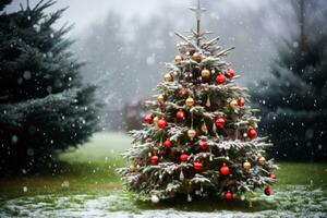 ein Schnee bedeckt Weihnachten Baum mit rot und Weiß Dekorationen foto