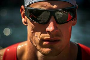Triathlon schließen oben Mann Sonnenbrille. generieren ai foto