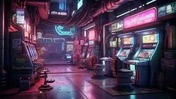 generativ ai, Cyberpunk Stil Spiel Bar oder Cafe. Nacht Szene von groß Stadt, futuristisch nostalgisch 80er, 90er. Neon- Beleuchtung beschwingt Farben, fotorealistisch horizontal foto