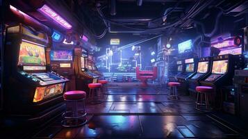 generativ ai, Cyberpunk Stil Spiel Bar oder Cafe. Nacht Szene von groß Stadt, futuristisch nostalgisch 80er, 90er. Neon- Beleuchtung beschwingt Farben, fotorealistisch horizontal foto