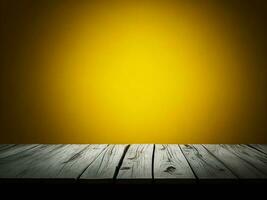 hölzern Tabelle und verwischen tropisch Gelb Farbe Hintergrund, Produkt Anzeige Montage. hoch Qualität Foto 8 Tausend fhd ai generiert