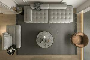 Komfort trifft Funktionalität optimieren Möbel Anordnung im das Leben Zimmer 3d Rendern foto