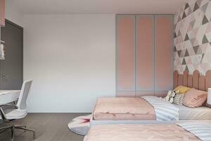 Weiß Muster Plaid, Gelb, und Rosa Farbe Kissen Lügen auf das Rosa Bett, Mauer Gemälde Hintergrund, 3d Rendern foto