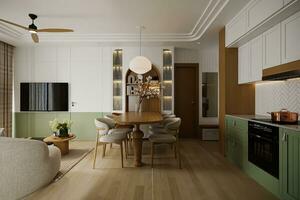 Innere von minimalistisch öffnen Küche mit Weiß und Grün ava und hölzern Möbel Nächster zu Essen Bereich und Leben Bereich zum ein Studio Wohnung 3d Rendern foto