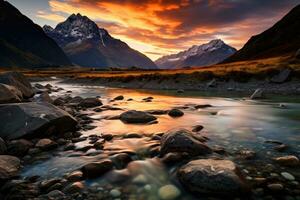 schön Landschaft von Neu Neuseeland Alpen und Fluss beim Sonnenuntergang, klar Fluss mit Felsen führt gegenüber Berge zündete durch Sonnenuntergang, ai generiert foto