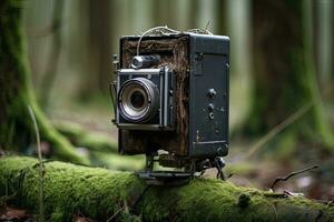 alt Kamera auf ein moosig Ast im ein Wald. Jahrgang Fotografie, Kamera Falle oder Spion Foto Kamera im Wald, ai generiert
