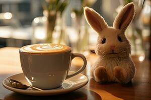 Tasse von Kaffee mit süß Hase auf Tabelle im Cafe, Nahaufnahme, Schokolade Ostern Hase Sitzung neben Kaffee Latté, ai generiert foto