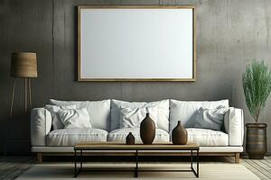 ai generativ Weiß Couch im Vorderseite von ein groß Bild Rahmen foto