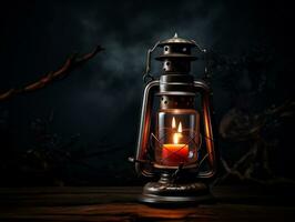 schön Laterne mit ein Kerze auf es im Vorderseite von ein dunkel Hintergrund generativ ai foto