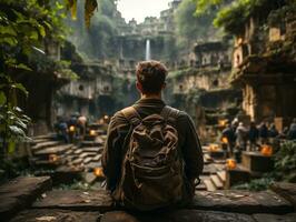 ein Reisender Sitzung auf das Schritte von ein uralt Tempel, Blick beim das historisch die Architektur generativ ai foto