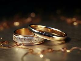 zwei schön Hochzeit Ringe generativ ai foto