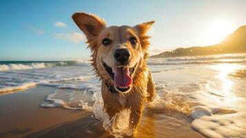 ein spielerisch süß Hund Stehen auf ein sandig Strand mit Wellen abstürzen im das Hintergrund generativ ai foto