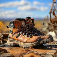 ein Nahansicht von ein Wanderer abgenutzt Stiefel auf ein staubig Weg generativ ai foto