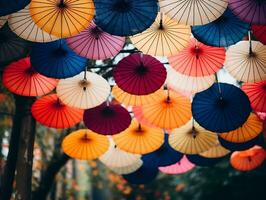 bunt Banner mit ein Bündel von Papier Regenschirme generativ ai foto