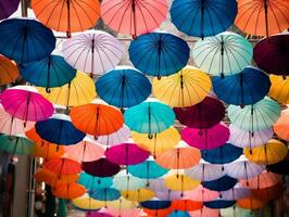 bunt Banner mit ein Bündel von Papier Regenschirme generativ ai foto