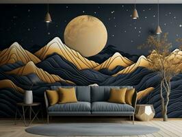 3d modern Innere Zuhause Mauer Dekoration. golden und dunkel Blau Berge, mit ein golden Baum mit Mond dunkel Landschaft Hintergrund generativ ai foto