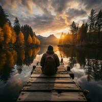 ein Reisender Sitzung auf ein Dock, Aufpassen ein Sonnenaufgang Über ein Ruhe See generativ ai foto