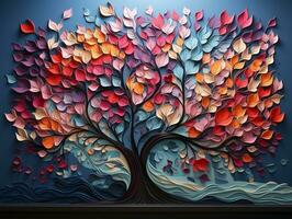 bunt Baum mit beschwingt Blätter hängend Geäst Illustration Hintergrund 3d Abstraktion Hintergrund zum Innere Wandgemälde Gemälde Mauer Kunst Dekor generativ ai foto