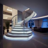 modern Innere Treppe mit LED Beleuchtung generativ ai foto