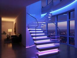 modern Innere Treppe mit LED Beleuchtung generativ ai foto