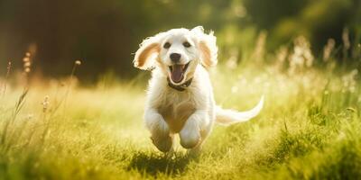 lebhaft Hund Laufen beim das Wiese. erstellt mit generativ ai Technologie foto