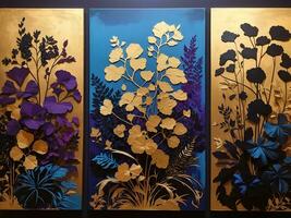 Silhouetten von schön Pflanzen auf Leinwand.Gold, Schwarz, Blau und grau, lila Farben. Innere malen. schön Hintergrund foto