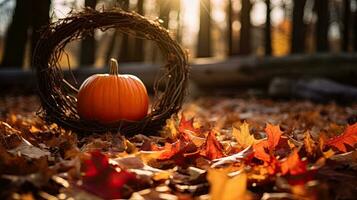 Porträt Kürbis mit Herbst Blatt ai generativ foto