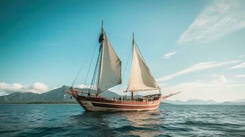 Porträt pinisi Schiff Segeln auf das Meer mit Licht Exposition ai generativ foto