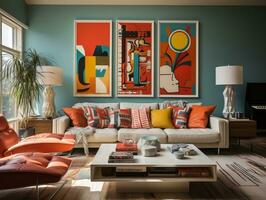 ein Retro-inspiriert modern Zuhause Innere mit ein mischen von Jahrgang zeitgenössisch Elemente und hell Orange Akzent Mauer und Mitte des Jahrhunderts modern Möbel generativ ai foto