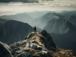 ein szenisch Berg Landschaft mit ein Wanderer Stehen auf ein felsig Gipfel generativ ai foto