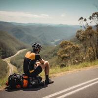 ein Radfahrer nehmen ein brechen auf ein szenisch Berg Straße generativ ai foto