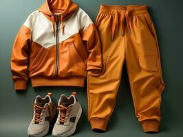 sportlich Orange und Grün Outfit informell Kleidung einstellen generativ ai foto