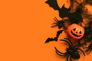 Halloween Konzept Hintergrund. oben Aussicht von Kürbis Korb, Spinnen und Fledermäuse mit Raum zum Text. Halloween Party Dekoration Konzept foto