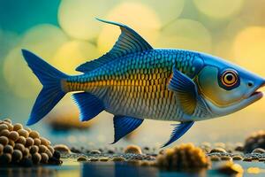 ein Fisch mit Blau und Gelb Augen ist Schwimmen im das Wasser. KI-generiert foto